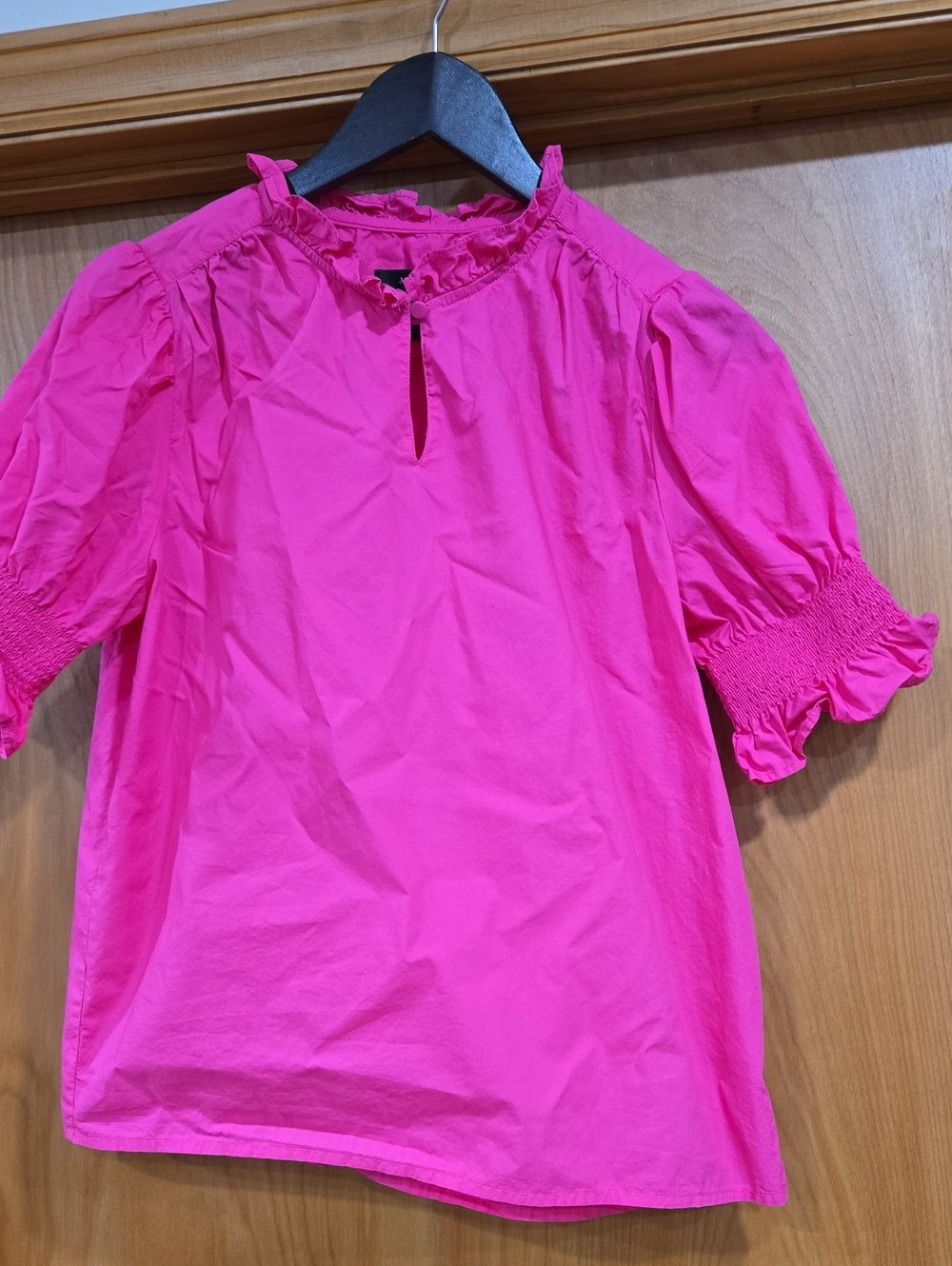 J. Crew Bright Fuchsia Ruffle Neck Puff Sleeve Blouse